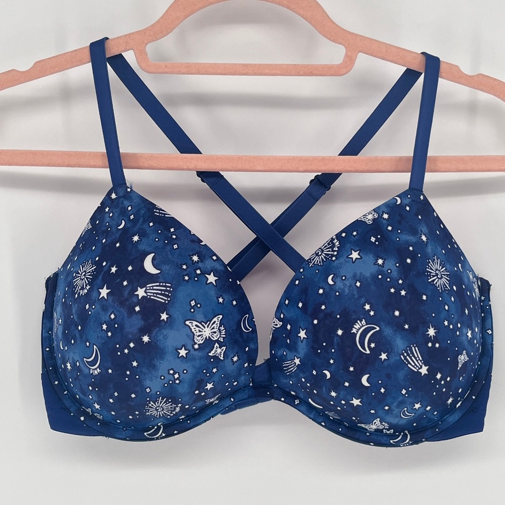 Victoria's Secret PINK Wear Everywhere Super Push-Up Bra Blue Galaxy Moon 34B